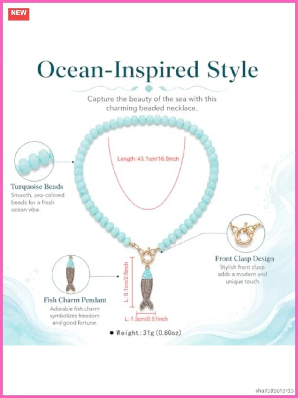 Fish Pendant Beaded Necklace Acrylic Resin Boho Summer Charm Women's Jewelry